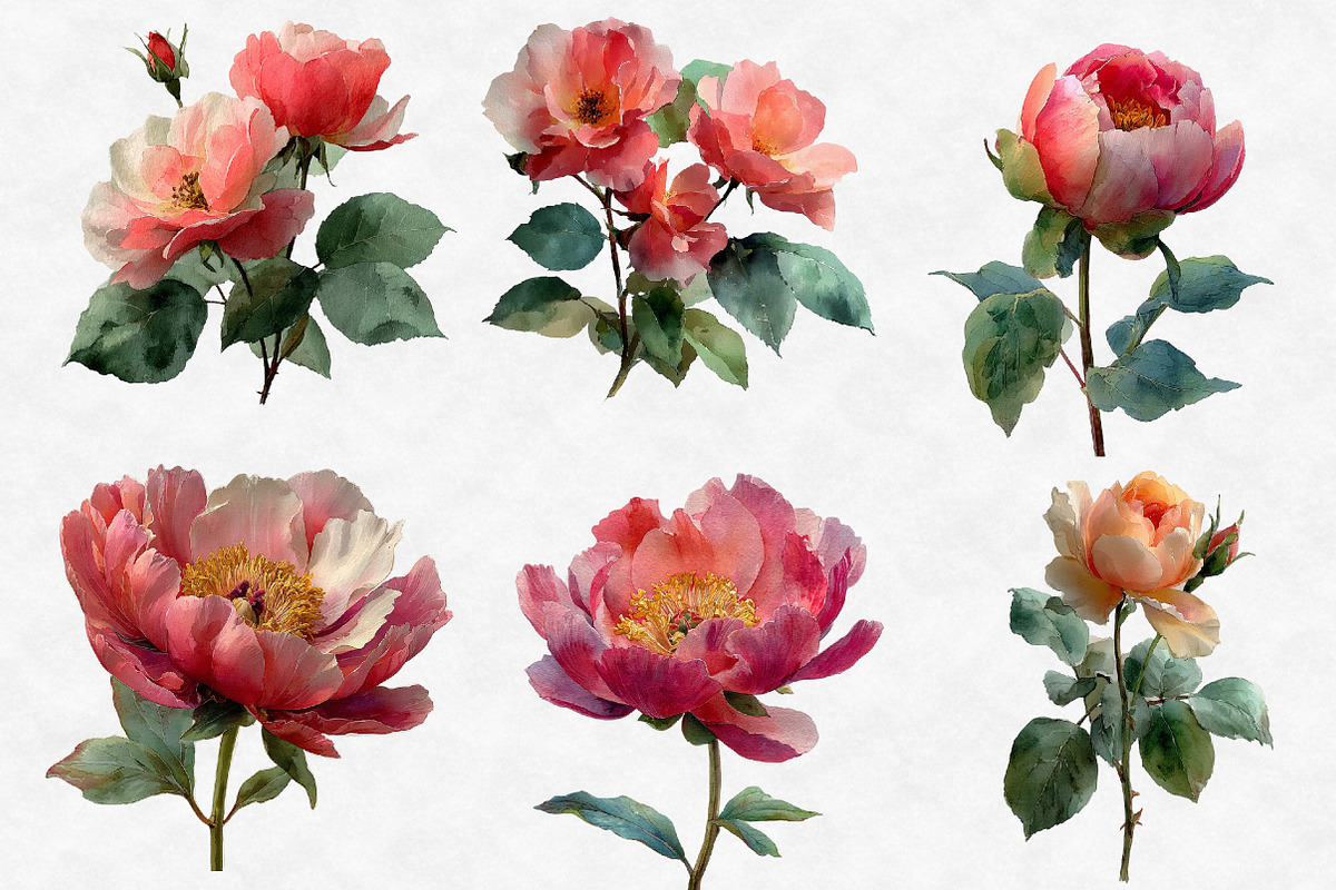 Watercolor Roses Peonies Clip Art, an Illustration by Designworld (Photo 2 of 6)
