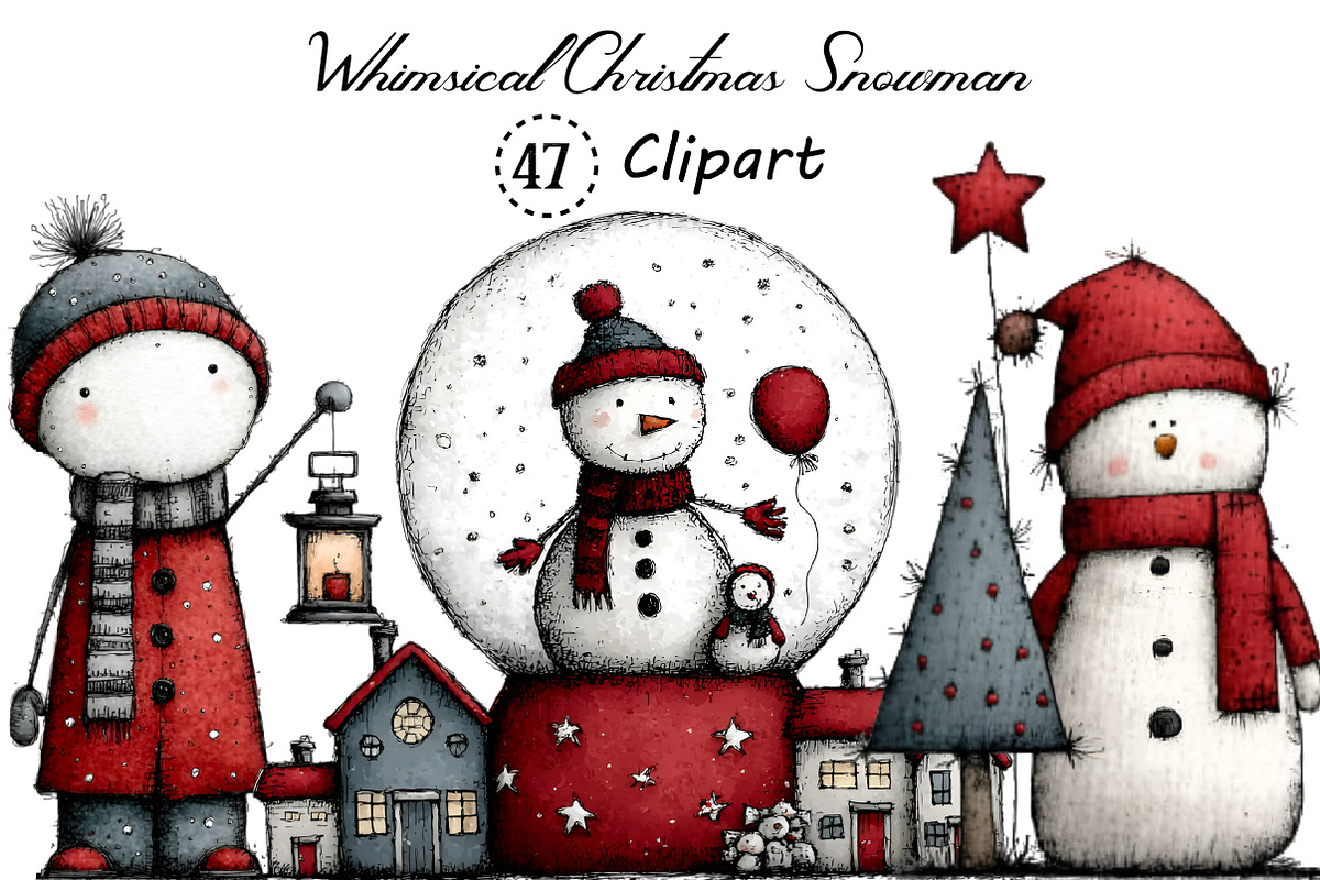 Whimsical Quirky Snowman Clipart, an Illustration by Creative Art (Photo 1 of 13)