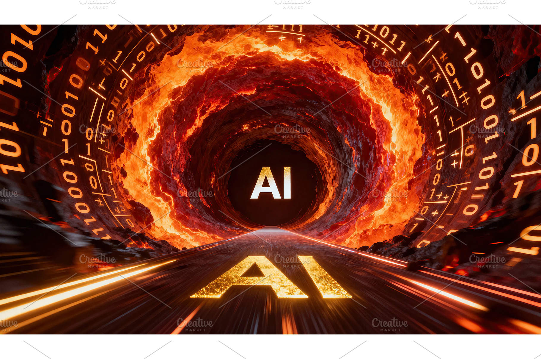 AI concept in a fiery data tunnel, a Technology Photo by tilialucida