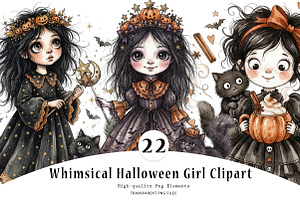 Whimsical Halloween Girl Clipart, a Seasonal Illustration by CreationArt