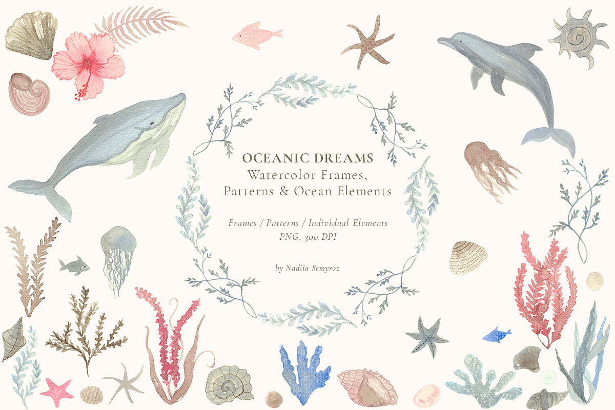 Oceanic Dreams Watercolor Clipart, a Pattern Graphic by Nadia Semyroz (Photo 1 of 10)