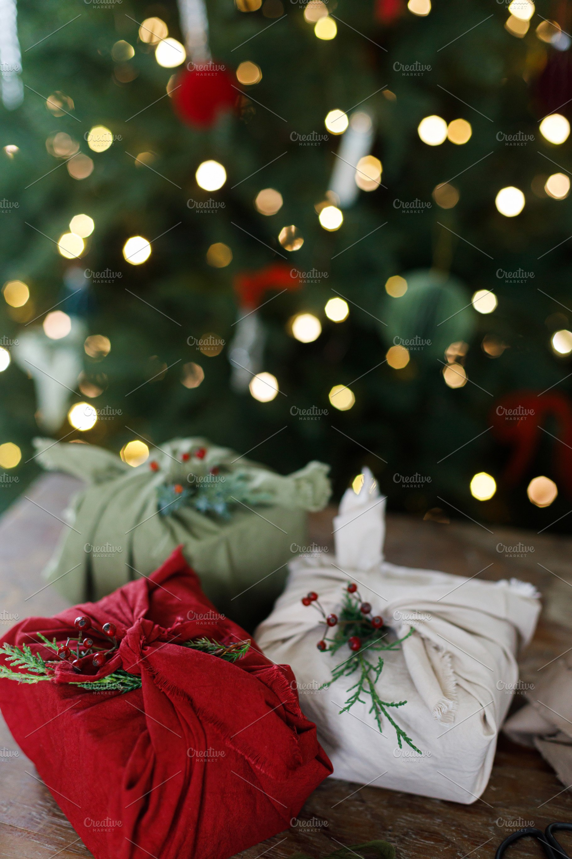 Zero waste christmas gifts. Stylish christmas presents wrapped i, a Holiday Photo by Sonjachni