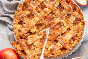 Apple pie with lattice crust, cinnamon sticks, fresh apples, hon, a Food & Drink Photo by Olena Rudo