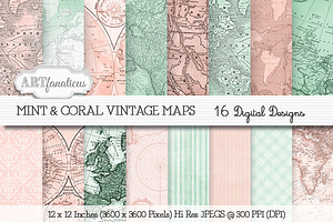 MINT & CORAL VINTAGE MAPS