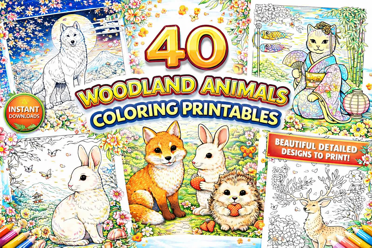 Woodland Animal Coloring Printables, an Animal Illustration by Image for Sale (Photo 1 of 3)