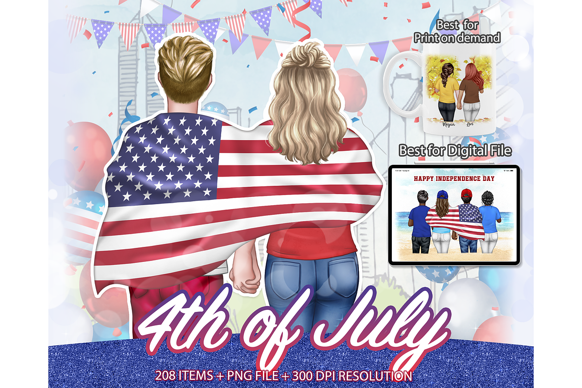 4th of July, USA couple Clipart PNG, a Seasonal Illustration by Podcliparts (Photo 1 of 7)