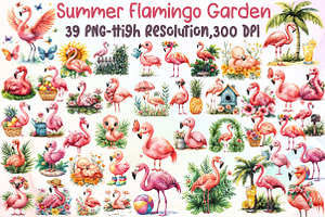 Summer Flamingo Garden Clipart, an Illustration by Sublimation Artist