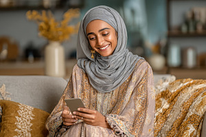 Happy Muslim woman using smartphone, a Photo by Pixeness Studio