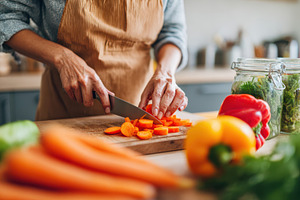 Chopping fresh vegetables in a bright kitchen, a Food & Drink Photo by AlyaAnd