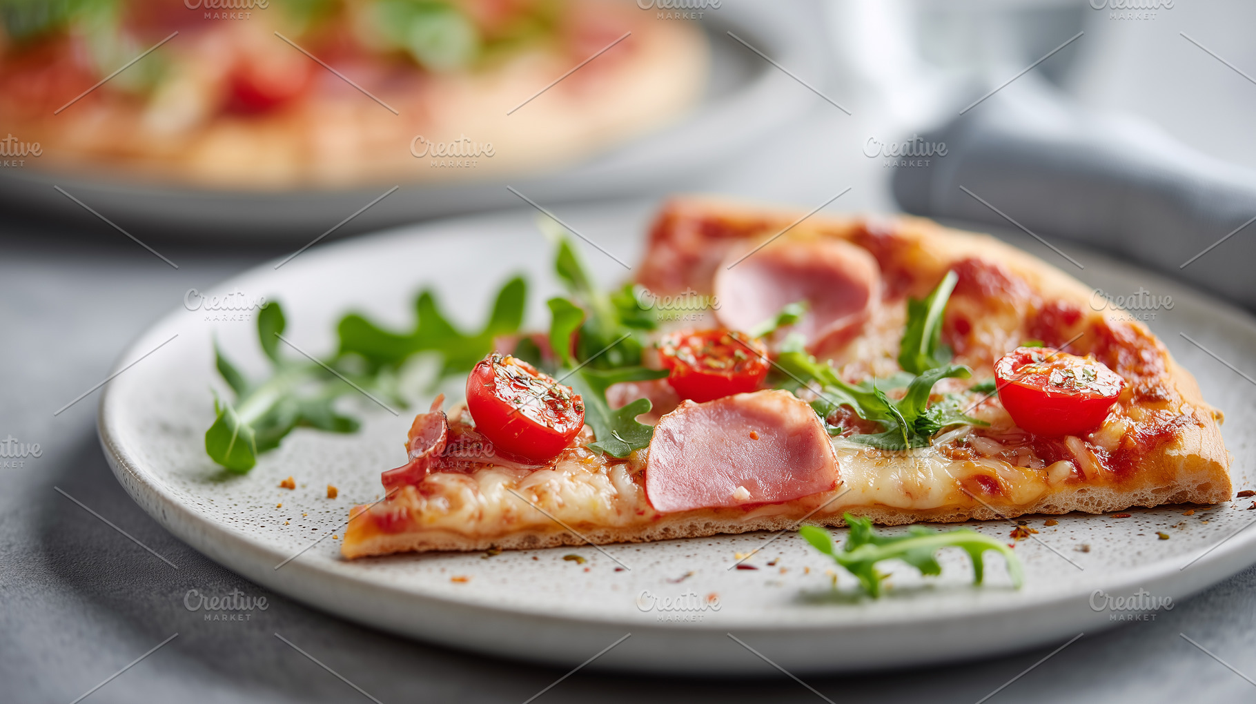 Pizza slice with ham, cherry tomato, a Food & Drink Photo by MistyDay