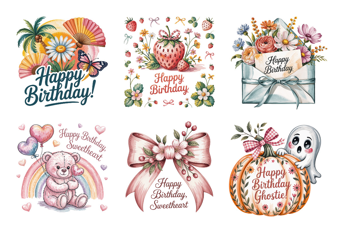 Happy Birthday Designs Bundle 25 PNG, a Decorative Illustration by Whimsy Brush Studio (Photo 2 of 9)