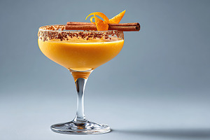 Brightly colored dessert cocktail garnished with cinnamon and orange peel on gr, a Photo by AlyaAnd