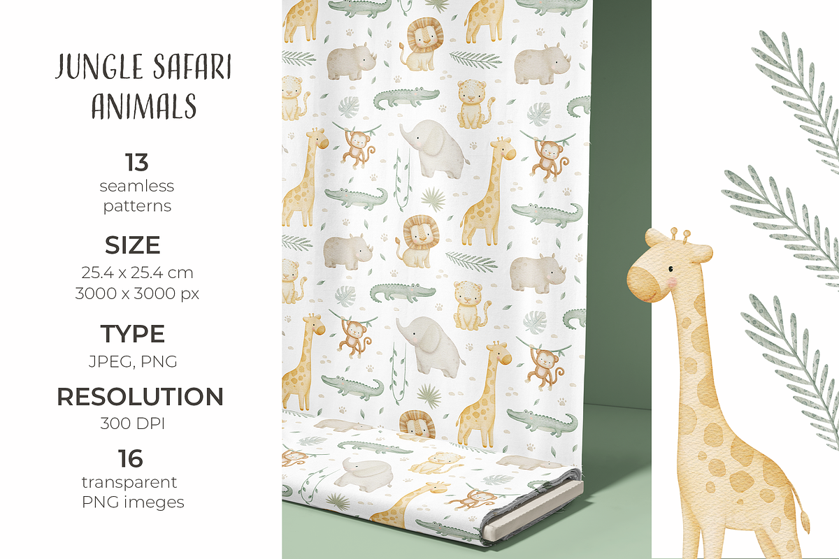 Jungle Safari Animals Watercolor Set, a Pattern Graphic by tetiartline (Photo 2 of 10)