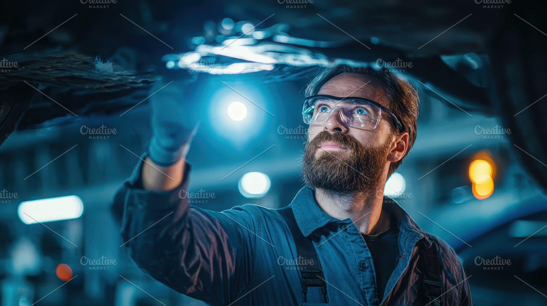 Mechanic inspecting car underside in, a Photo by Pixeness Studio
