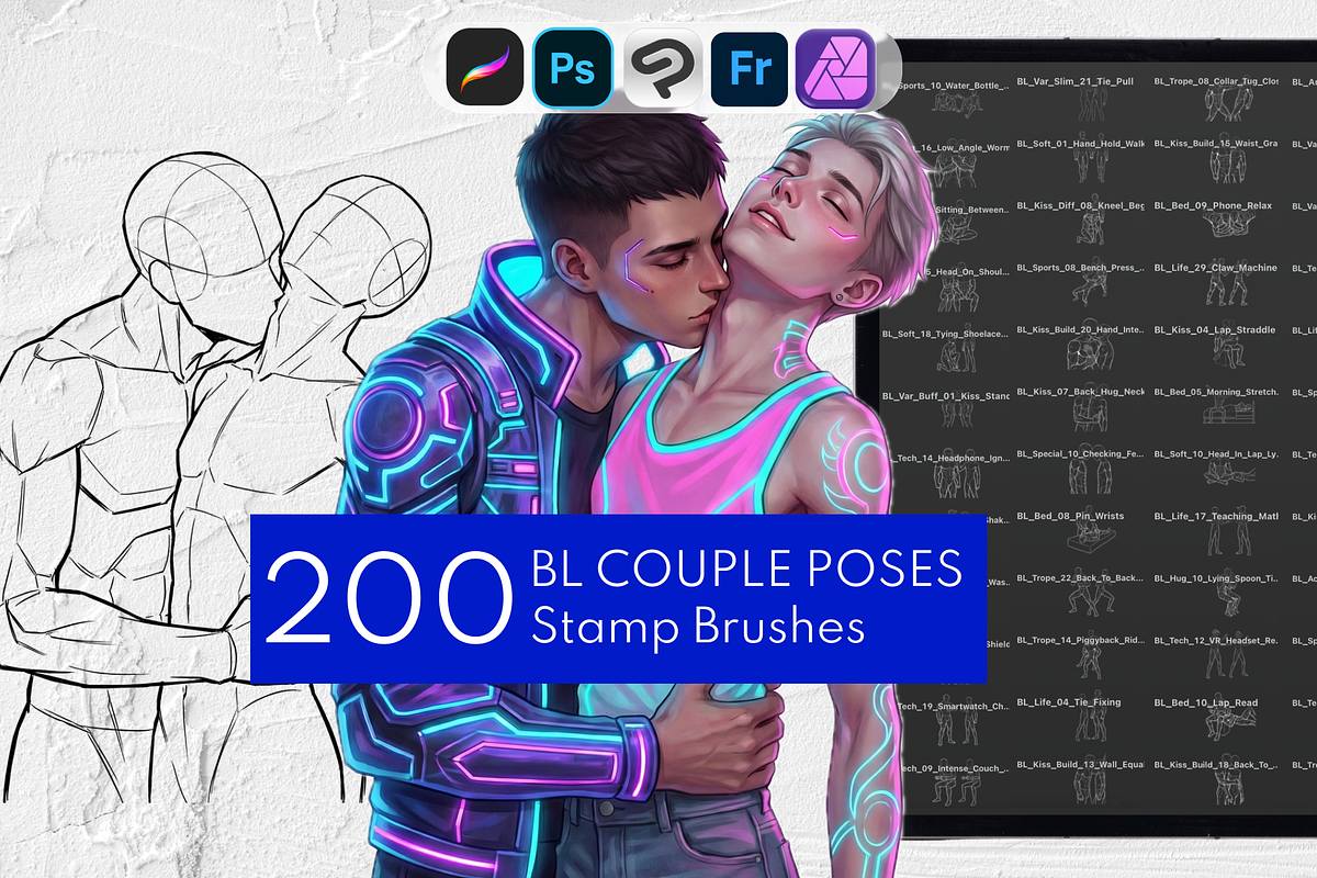 200+ BL Couple Poses Procreate Stamp, a Brush Add-On by Selentaori Studio (Photo 1 of 11)