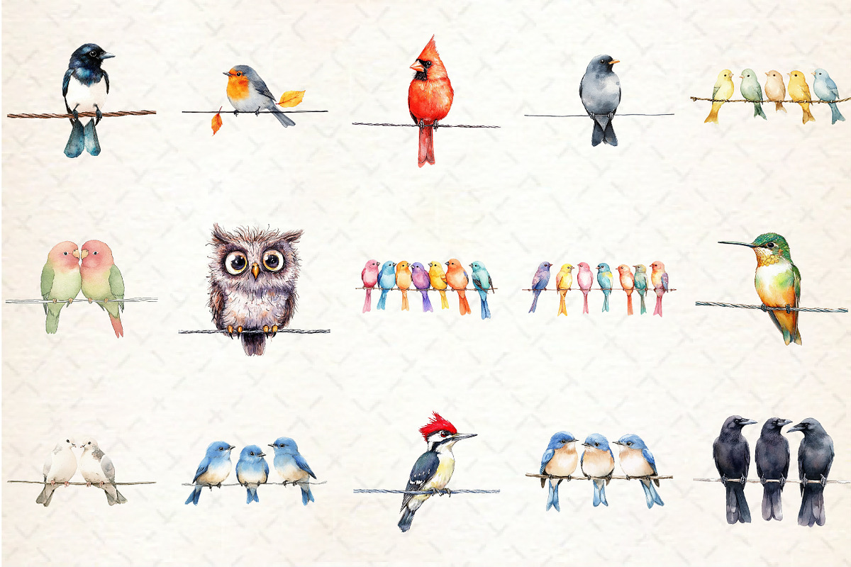 Watercolor Birds on a Wire Clipart, an Illustration by Rose Art (Photo 2 of 3)