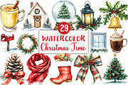 Watercolor Christmas Time Clipart, an Illustration by Craft Nest (Thumbnail 1 of 6)