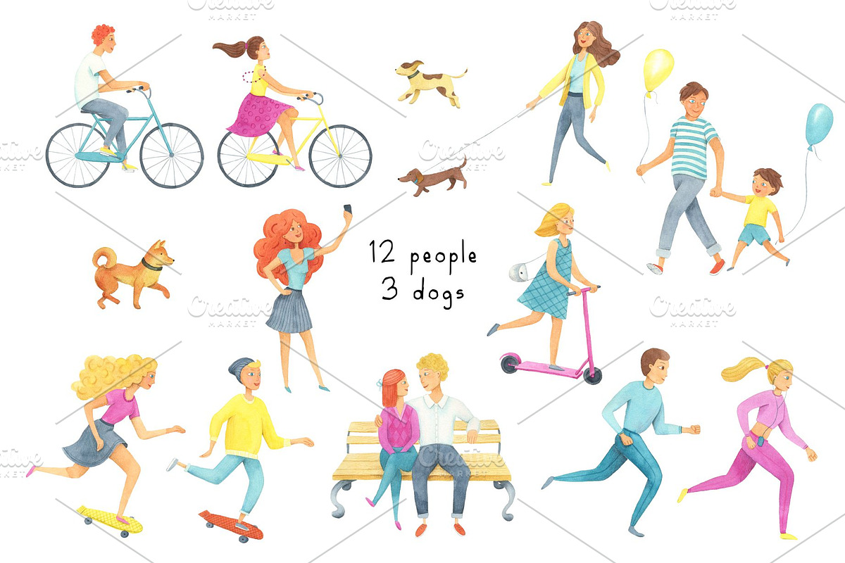 Big set watercolor walking people., a Sport Illustration by Kattarina Po (Photo 2 of 6)