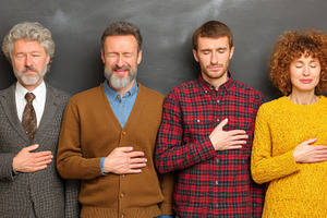 Group of people meditating with closed eyes while expressing gratitude and focu, a Photo by AS photostudio