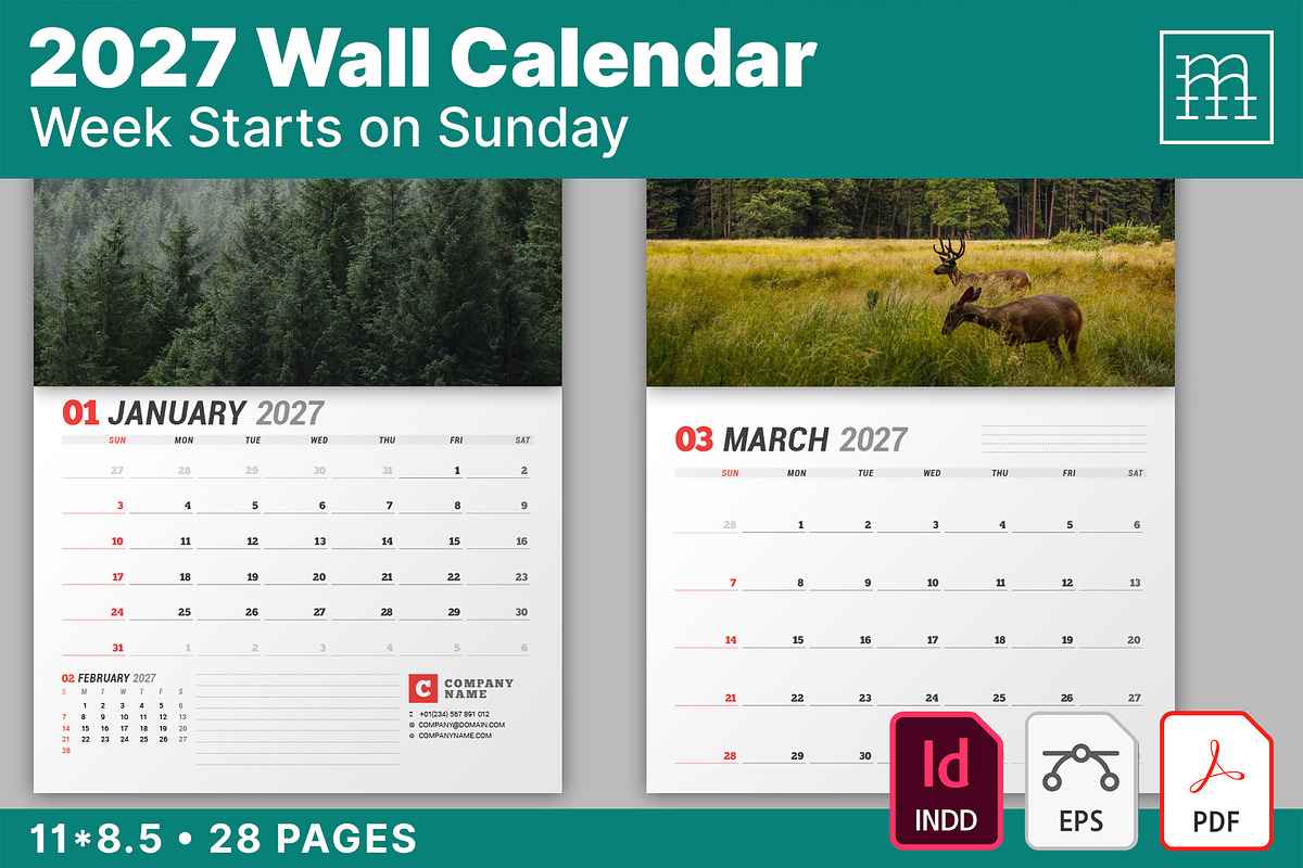 Wall Calendar 2027 (WC037-27-S), a Stationery Template by mikhailmorosin (Photo 1 of 6)