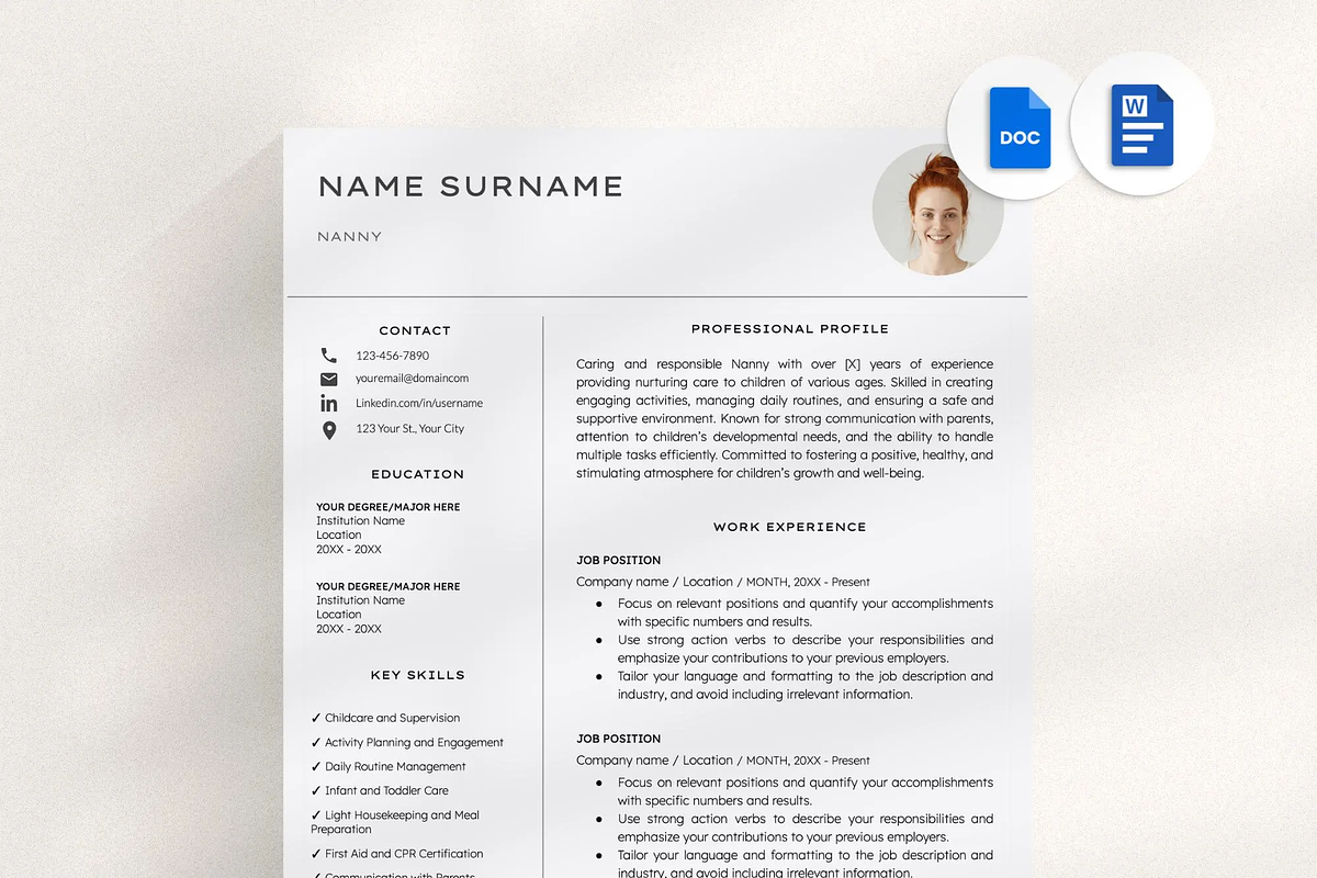 Nanny Resume Template Word, a Resume Template by OkiDocs Resume Templates (Photo 1 of 11)