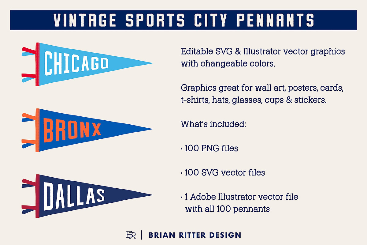 100 Vintage Sports City Pennants, an Object Graphic by Brian Ritter Design (Photo 2 of 7)