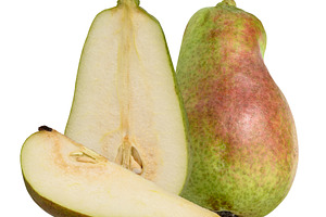 Ripe green pear with red side and stem, isolated background, a Food & Drink Photo by ndanko