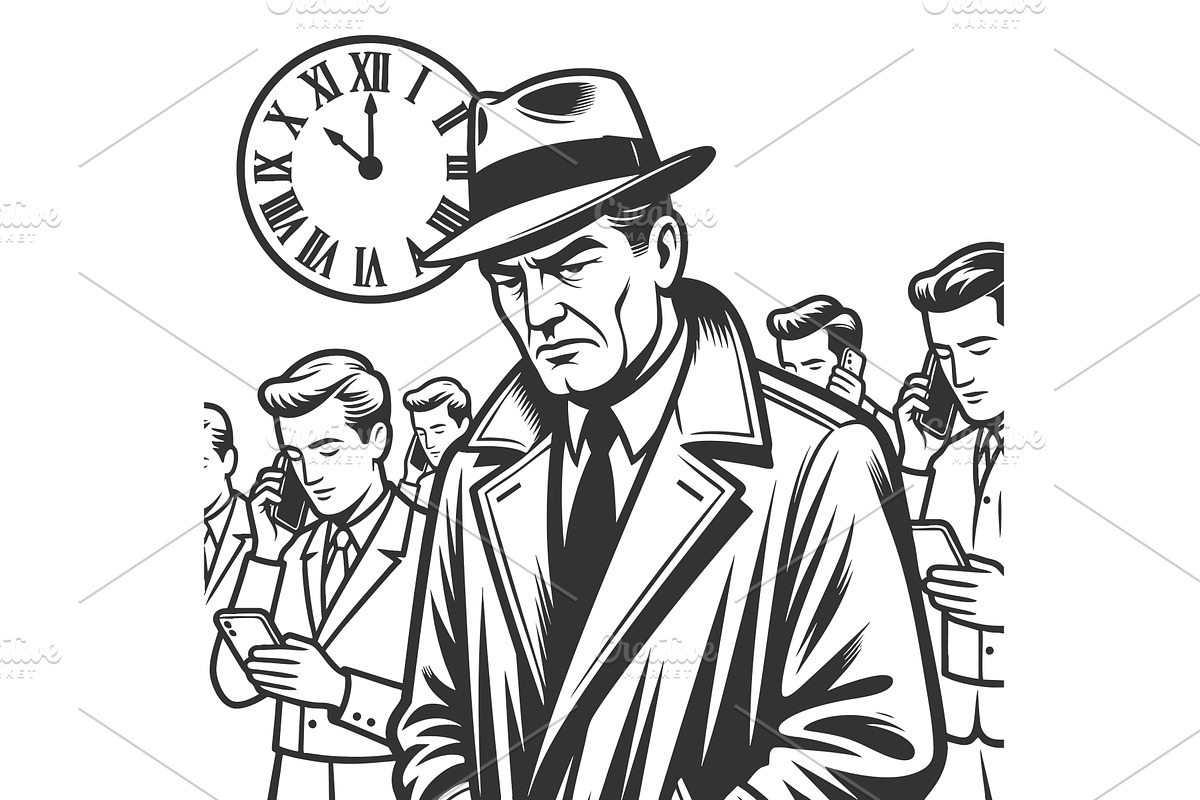 Man Out of Place in Modern Phone, a Person Illustration by AlexArt