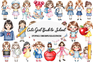 Watercolor Cute Girl Back to School, an Illustration by Daily.Designs