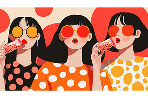 Three stylized women with dark hair, an Illustration by Sergey Kotenev