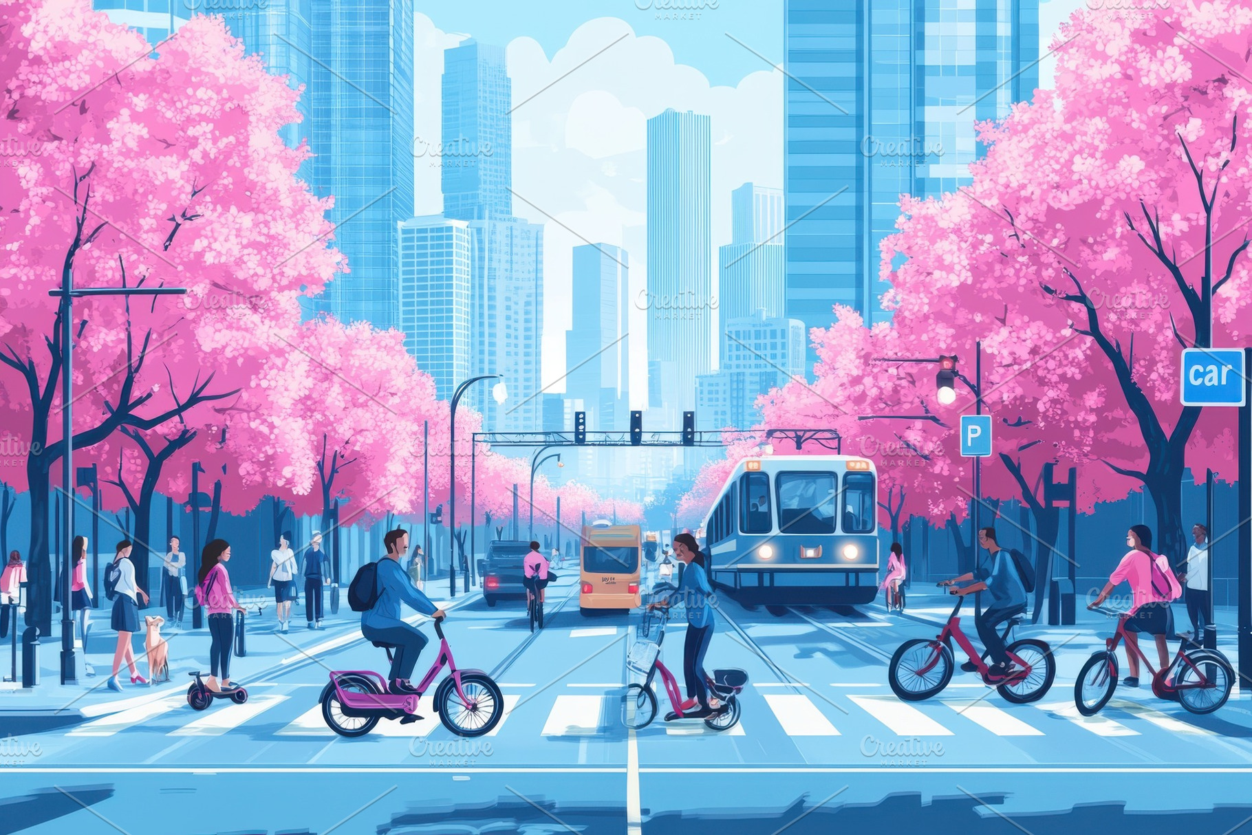 City Street Scene Pink Trees Electri, a Photo by Pixeness Studio