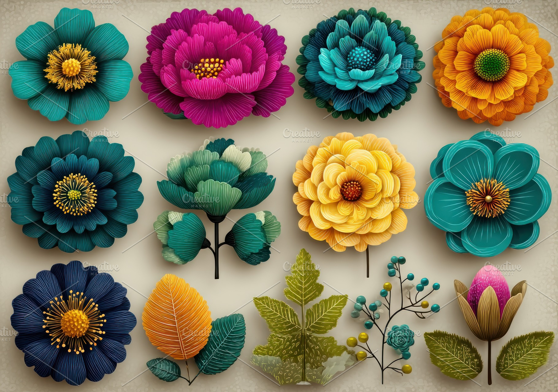Colorful collection of stylized paper-cut floral designs with te, a Nature Photo by José Manuel Gelpi