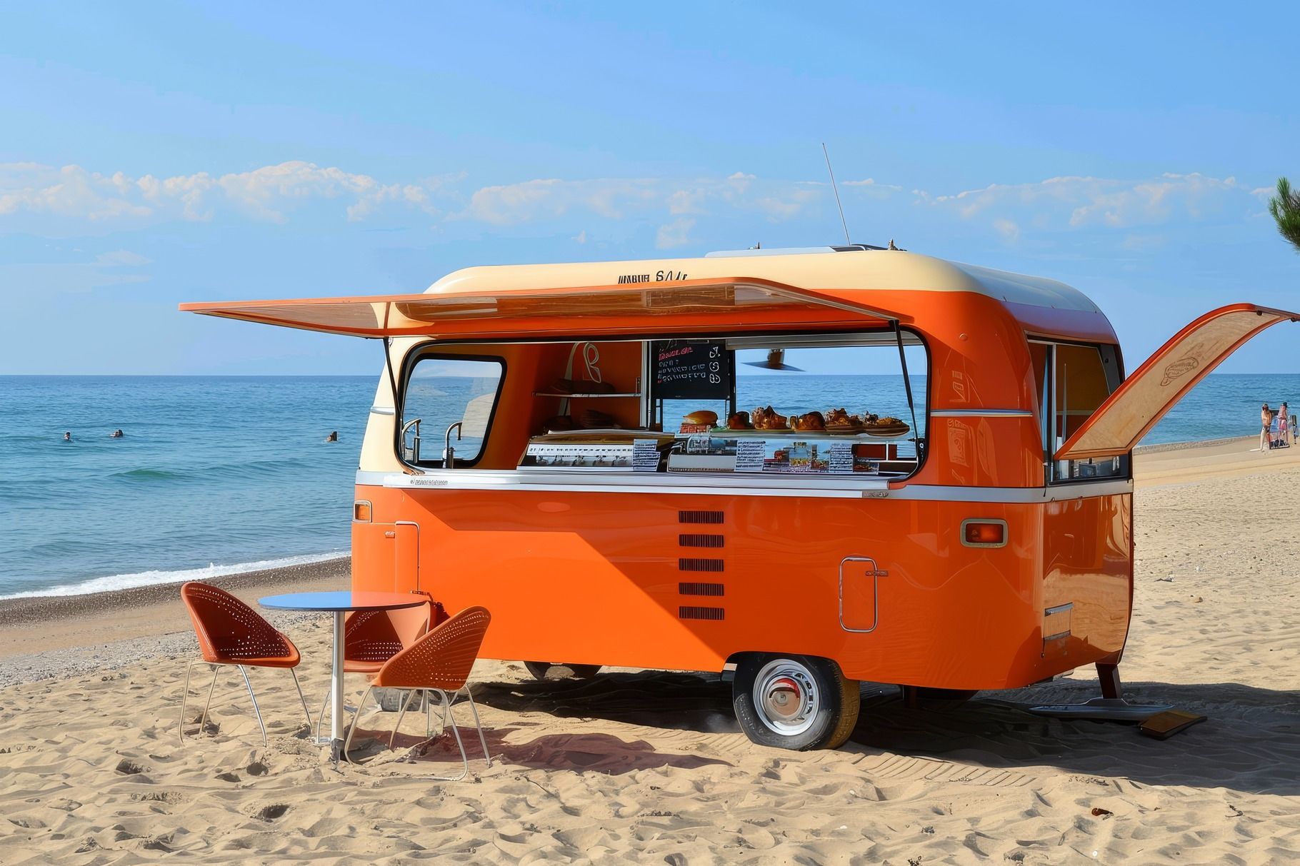 A bright orange food truck offers sn, a Photo by Tanuart | Creative Market A bright orange food truck offers sn, a Photo by Tanuart