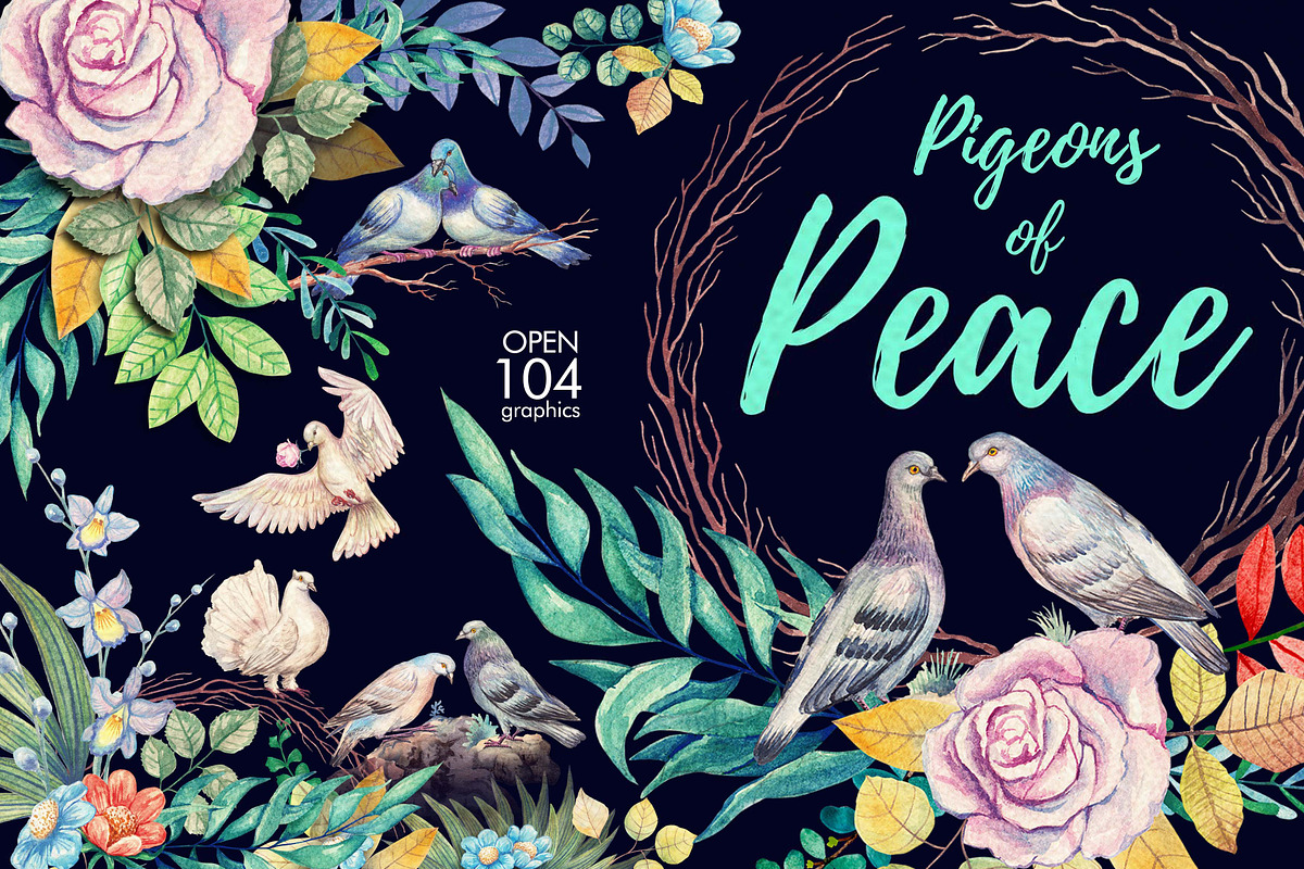 Watercolor Pigeons of Peace, an Animal Illustration by Graphobia (Photo 1 of 6)