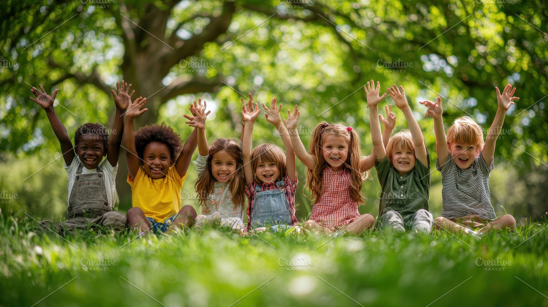 Happy diverse kids playing outdoors, a Photo by Pixeness Studio