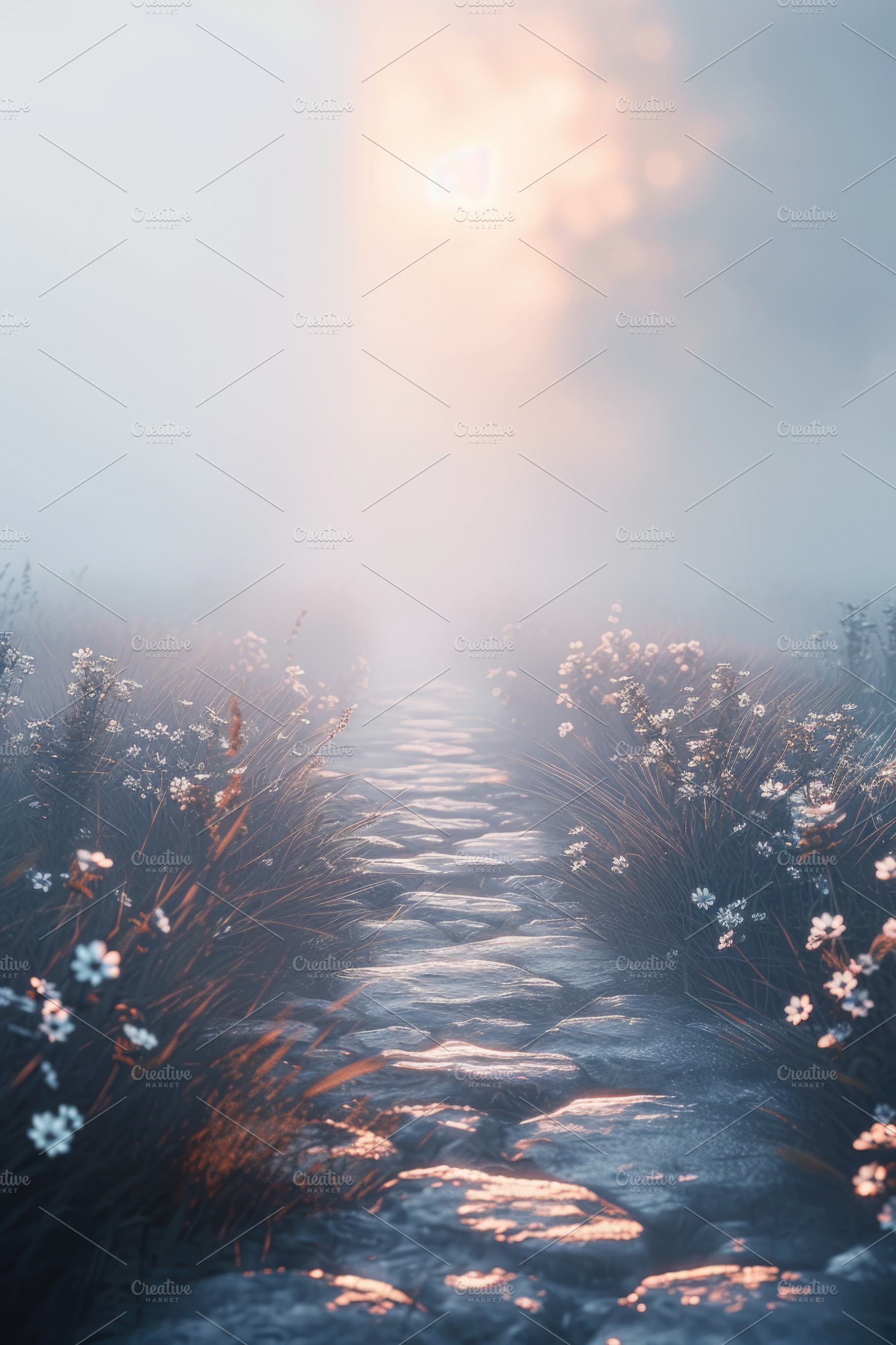 Ethereal Misty Garden Path With Wildflowers, Soft Sunrise Light, an Abstract Photo by José Manuel Gelpi