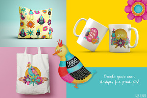 Colorful Whimsical Birds & Flowers