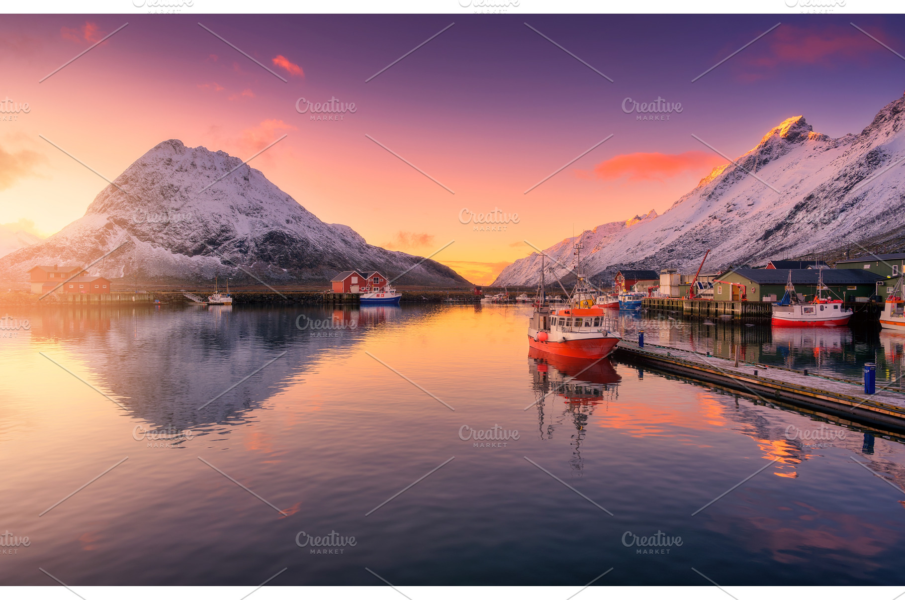 Red fishing boats on the sea, snowy, a Transportation Photo by den-belitsky