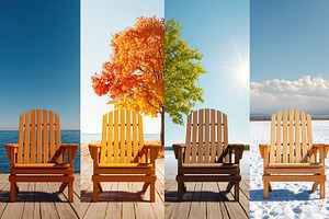 Four empty wooden chairs displaying changing seasons by a lakesi, a Beauty & Fashion Photo by AlyaAnd