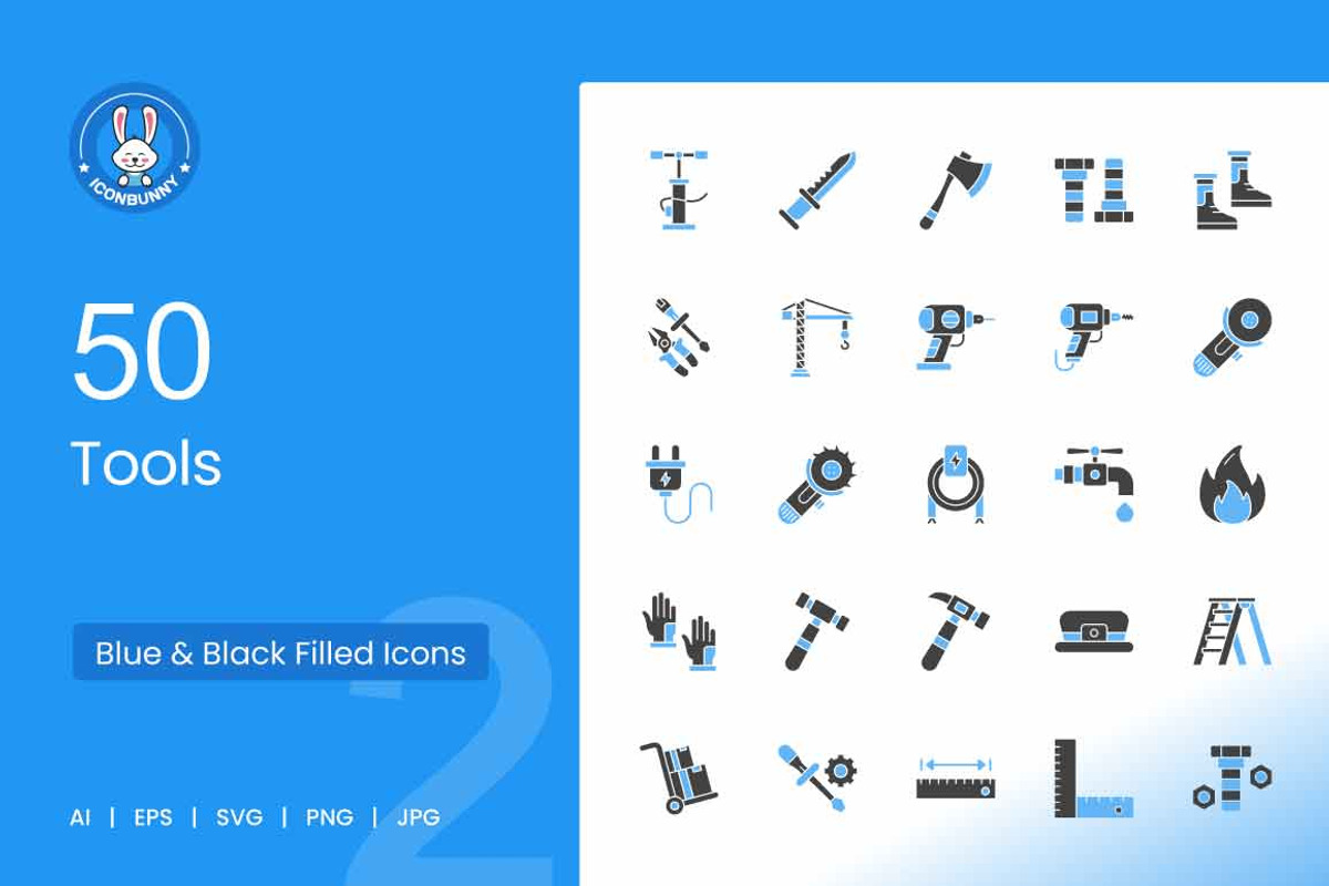 50 Tools Blue & Black Icons, an Icon by IconBunny (Photo 1 of 2)