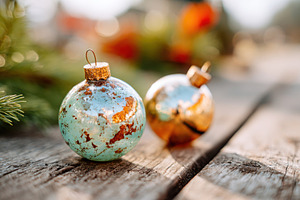 Vintage Christmas ornaments on wooden surface, a Holiday Photo by AlyaAnd
