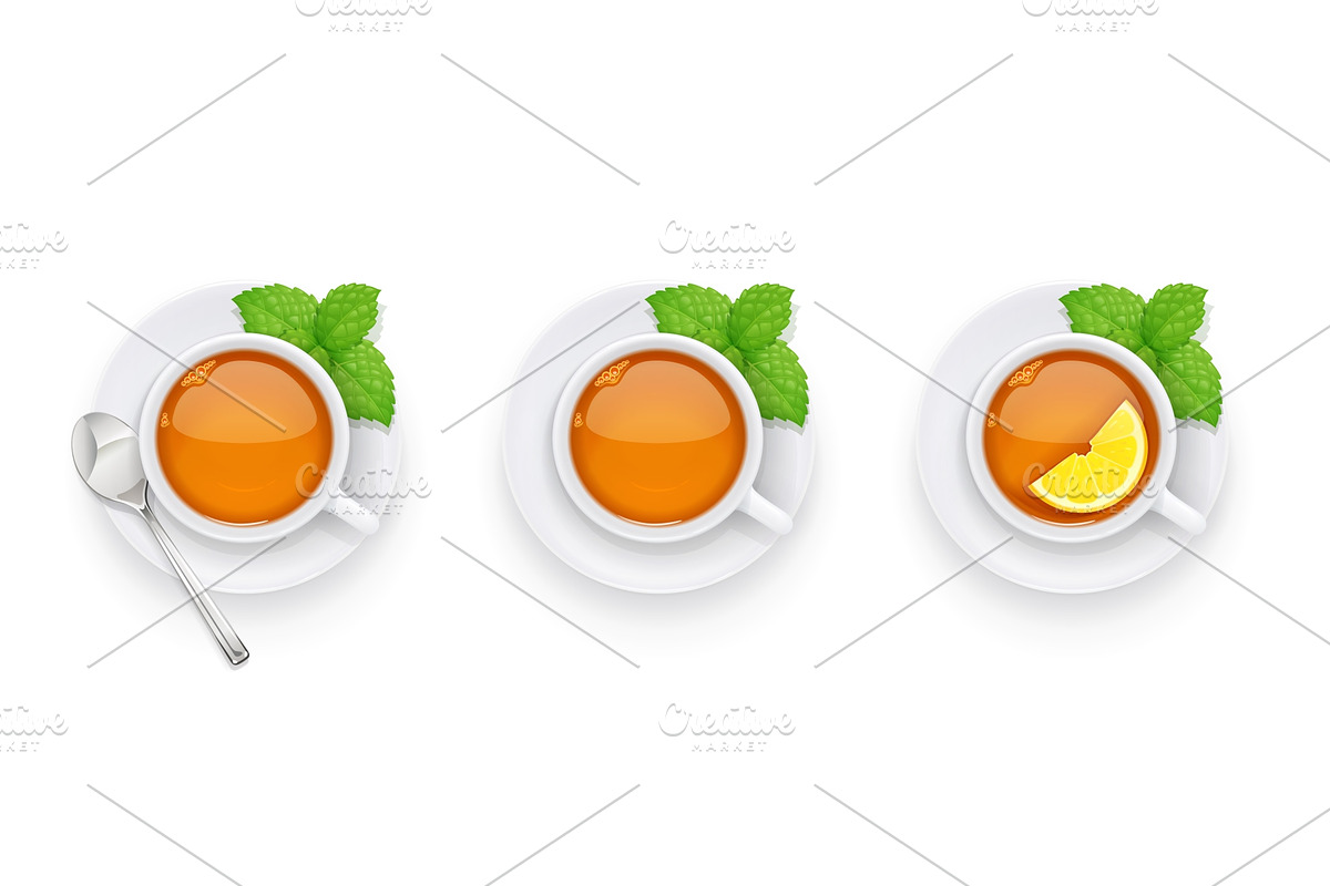Tea cup and green leaf on plate., a Food Illustration by Aleksangel