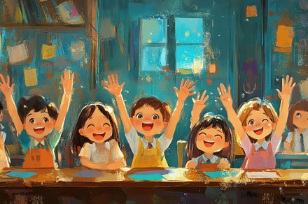 Children raising their hands, a Photo by Pavel_design