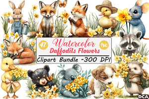 Cute Animals with Daffodils Flowers, an Illustration by DreamCafeArt