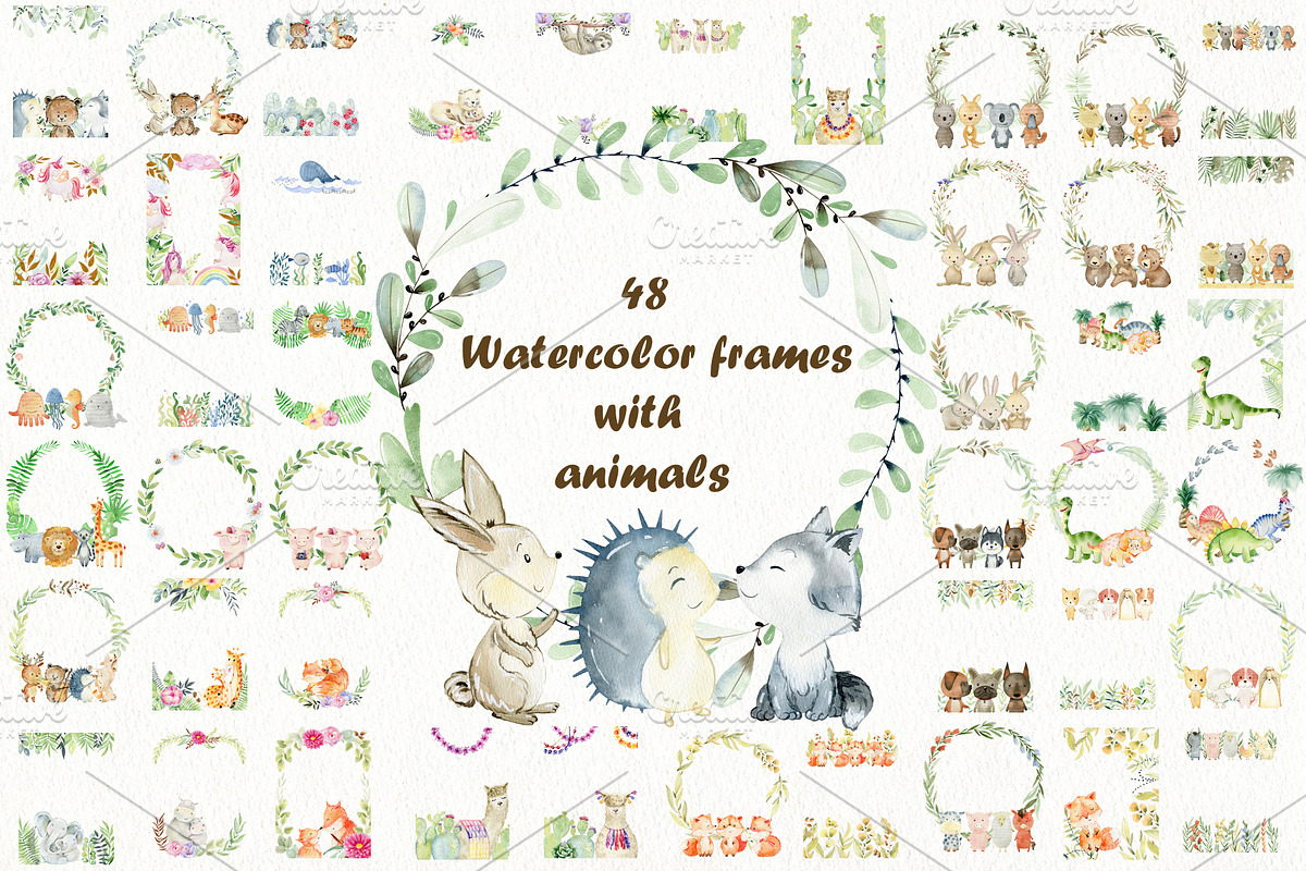 48 watercolor frames with animals., an Animal Illustration by TaPilipa (Photo 1 of 6)