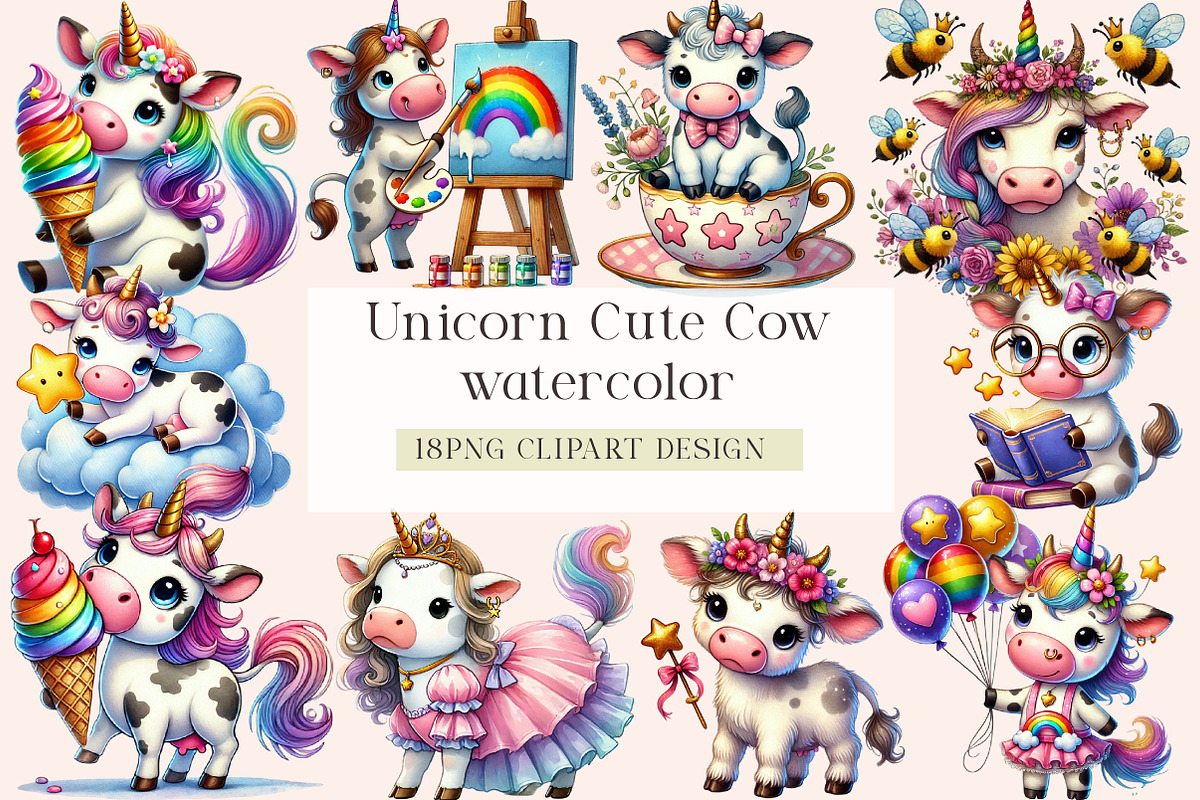 Watercolor Unicorn Cute Cow Clipart, a Seasonal Illustration by DreamArtGraphic (Photo 1 of 4)