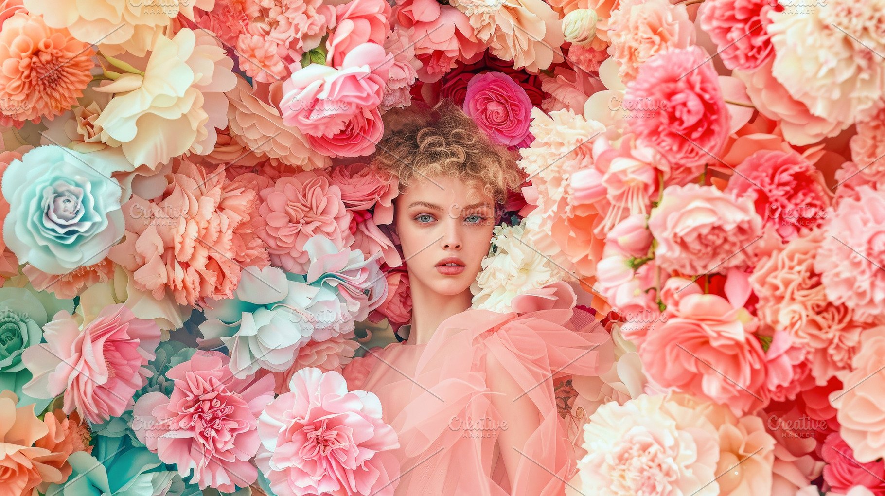 Floral Immersion - Woman Among Bloss, a Beauty & Fashion Photo by Ocean Digital Art