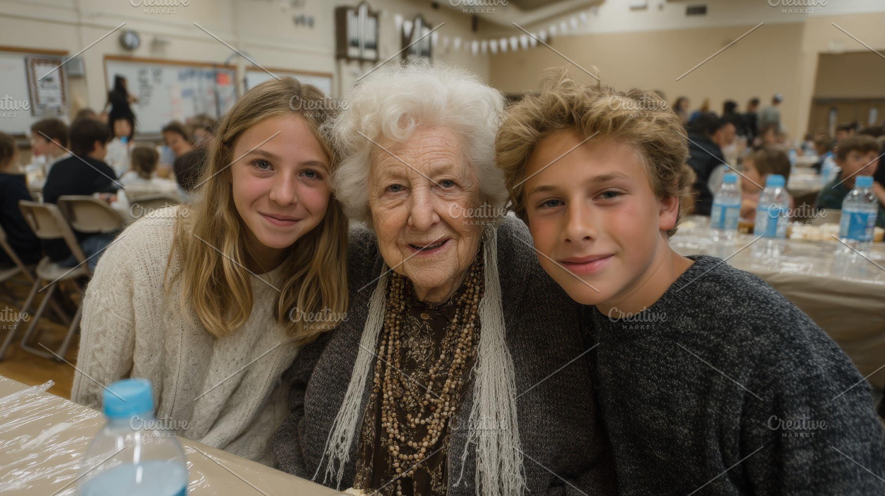Grandmother with smiling grandchildren at a community gathering in a school hal, a Photo by AS photostudio