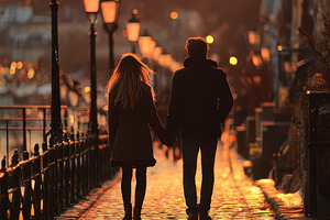 Couple holding hands walking sunset, a Photo by Pixeness Studio