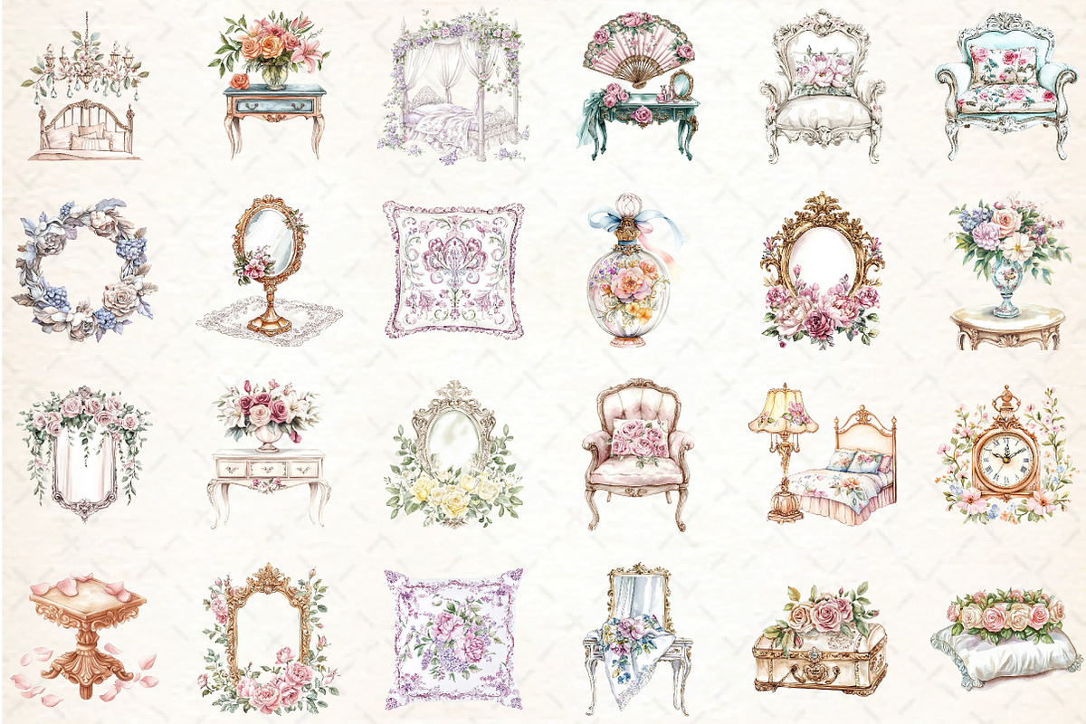Watercolor Rococo Florals Clipart, an Illustration by DreamCafeArt (Photo 2 of 5)